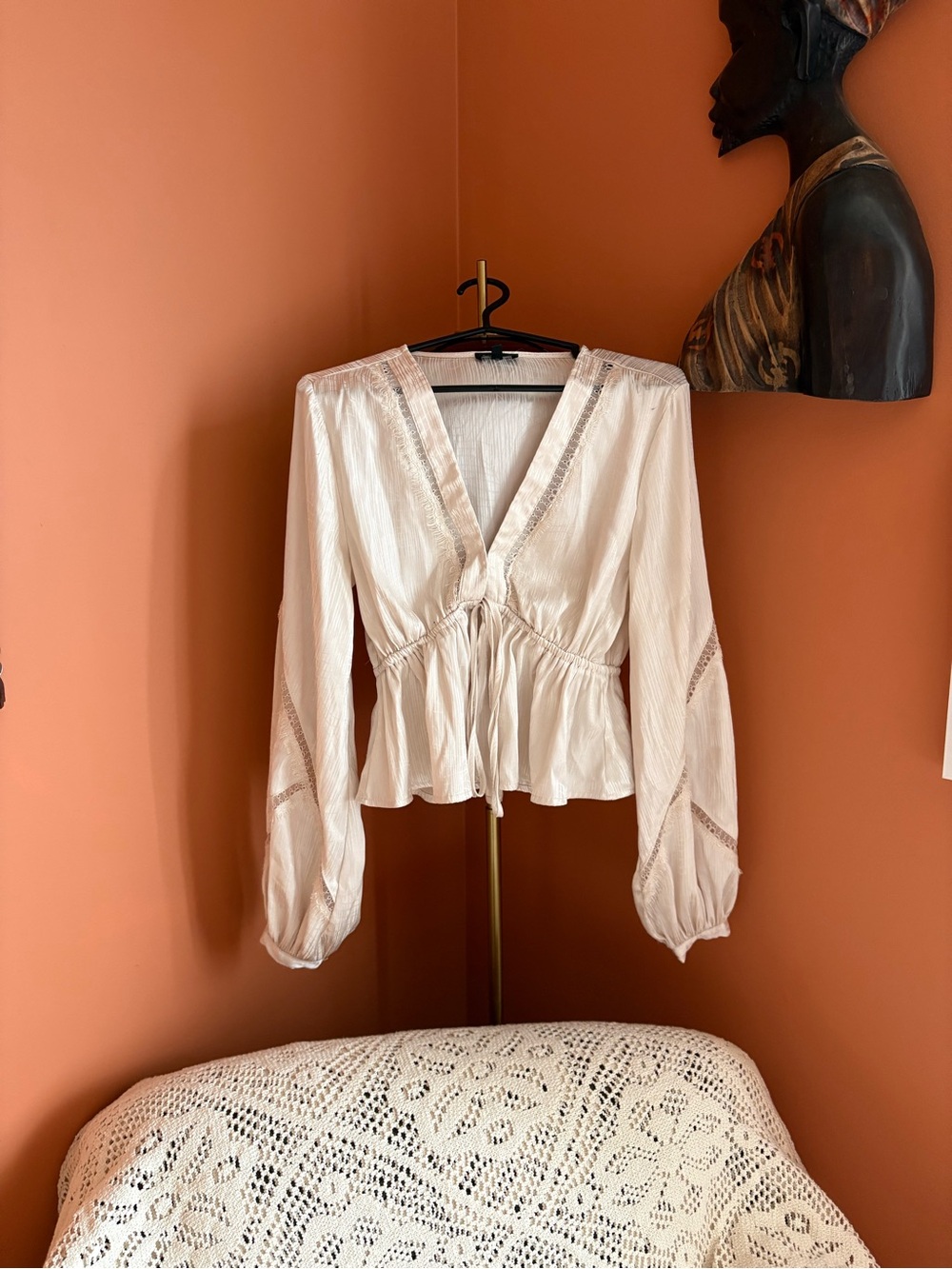 Dynamite Cream Lace-Trim Peplum Blouse